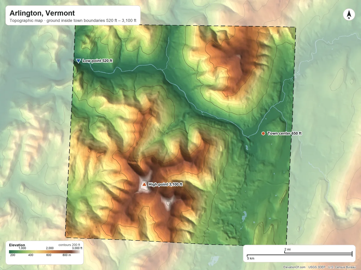 Topographic elevation map of Arlington, Vermont, shaded from 520 ft on the west side to 3,100 ft on Grass Mountain