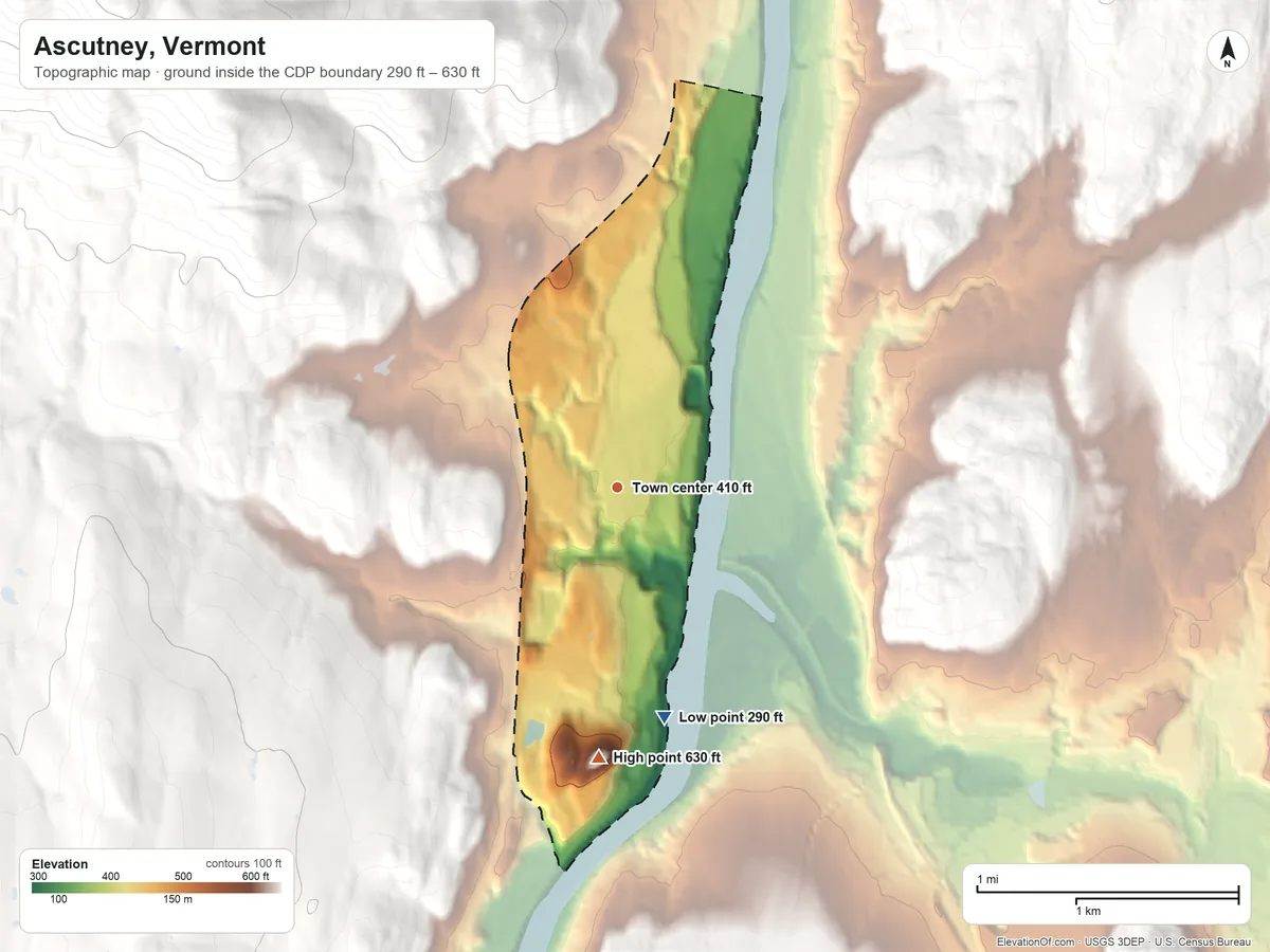 Topographic elevation map of Ascutney, Vermont, shaded from 290 ft on the south side to 630 ft on the south edge, below higher ground just outside
