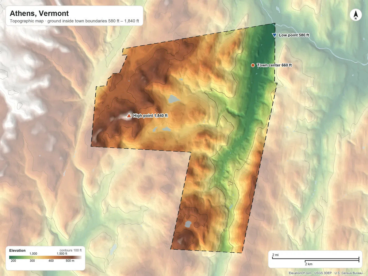 Topographic elevation map of Athens, Vermont, shaded from 580 ft on the northeast side to 1,840 ft on the west side
