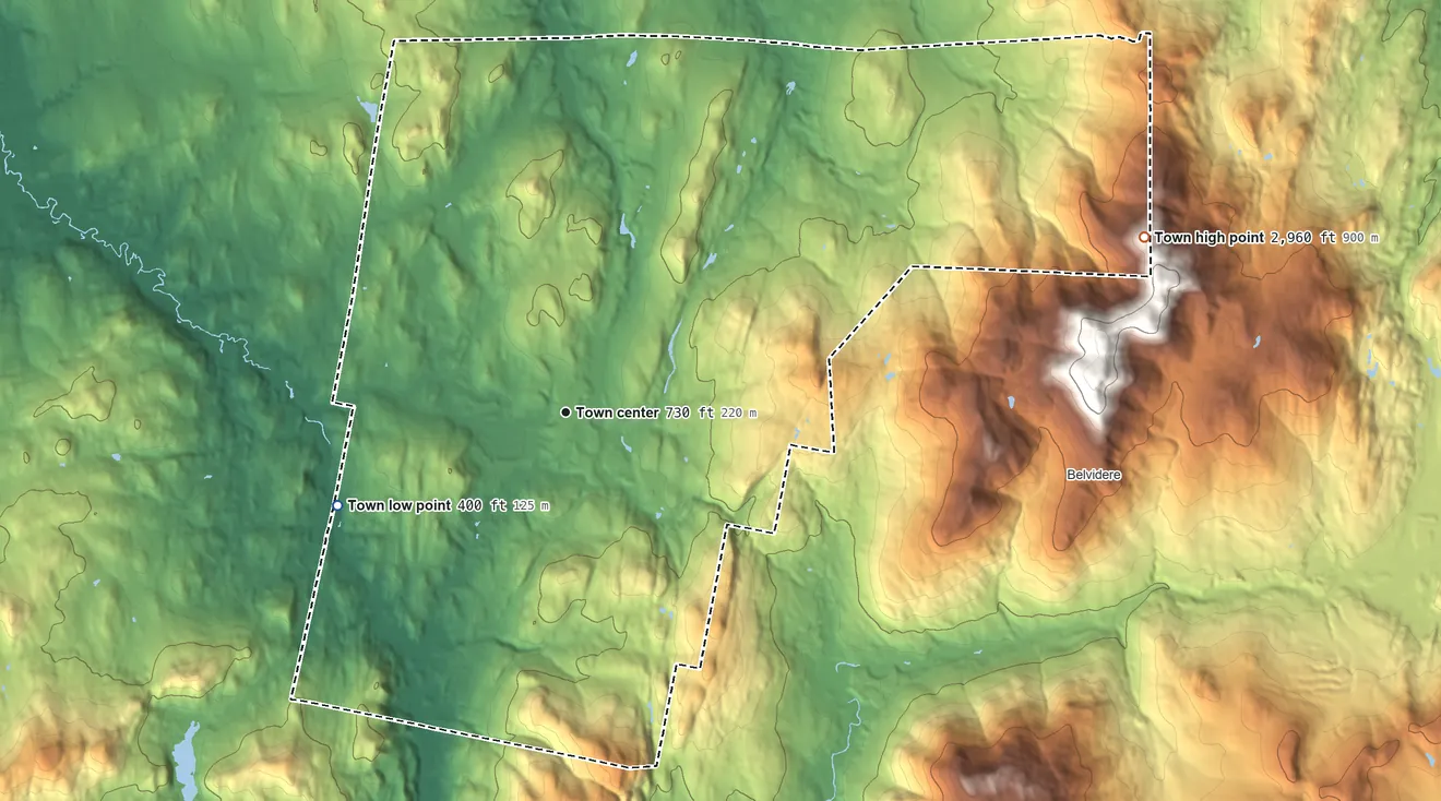 Topographic elevation map of Bakersfield, Vermont, shaded from 400 ft on the west side to 2,960 ft at the foot of the Cold Hollow Mountains