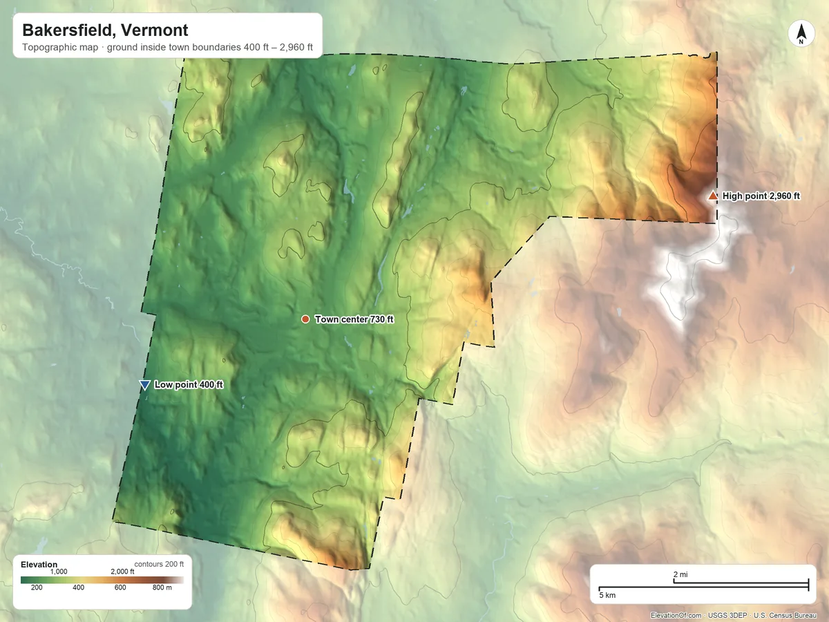 Topographic elevation map of Bakersfield, Vermont, shaded from 400 ft on the west side to 2,960 ft at the foot of the Cold Hollow Mountains