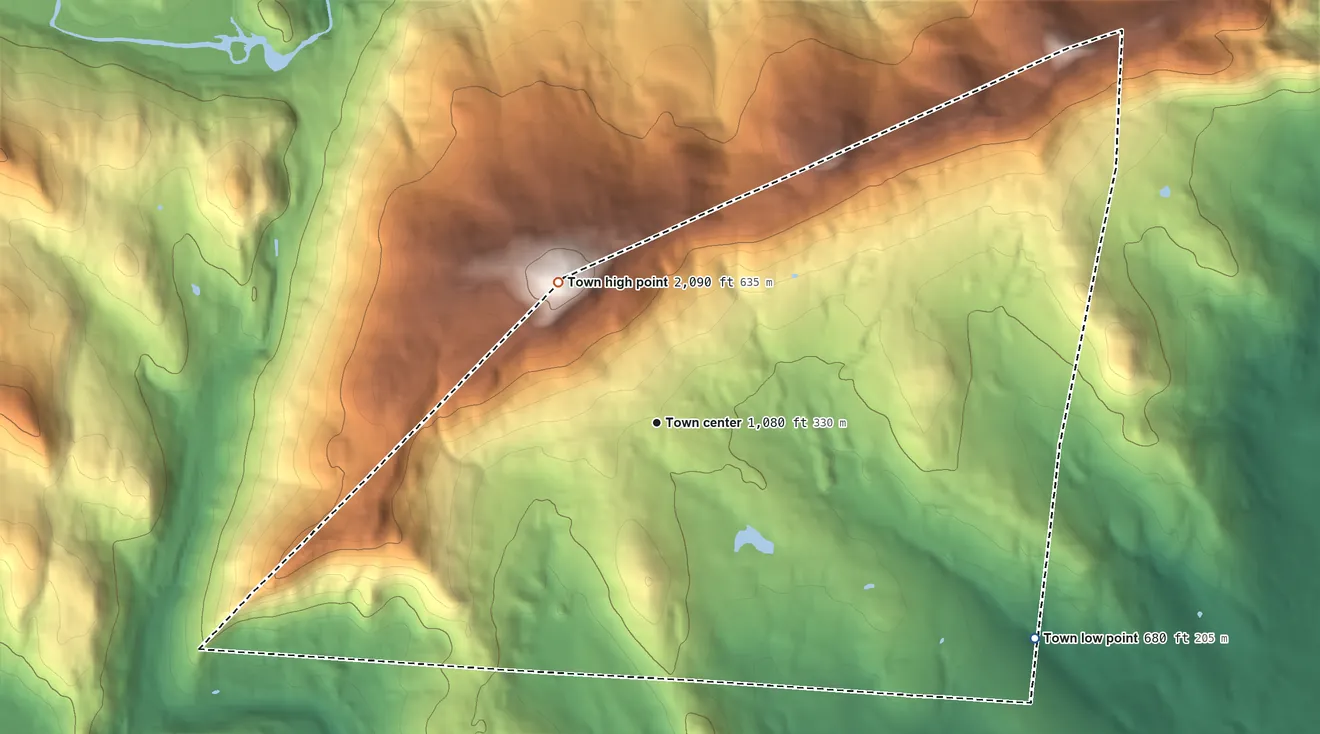 Topographic elevation map of Baltimore, Vermont, shaded from 680 ft on the southeast side to 2,090 ft on Hawks Mountain
