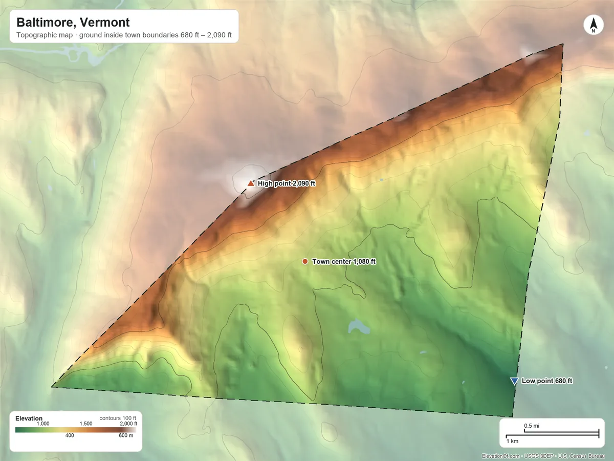 Topographic elevation map of Baltimore, Vermont, shaded from 680 ft on the southeast side to 2,090 ft on Hawks Mountain