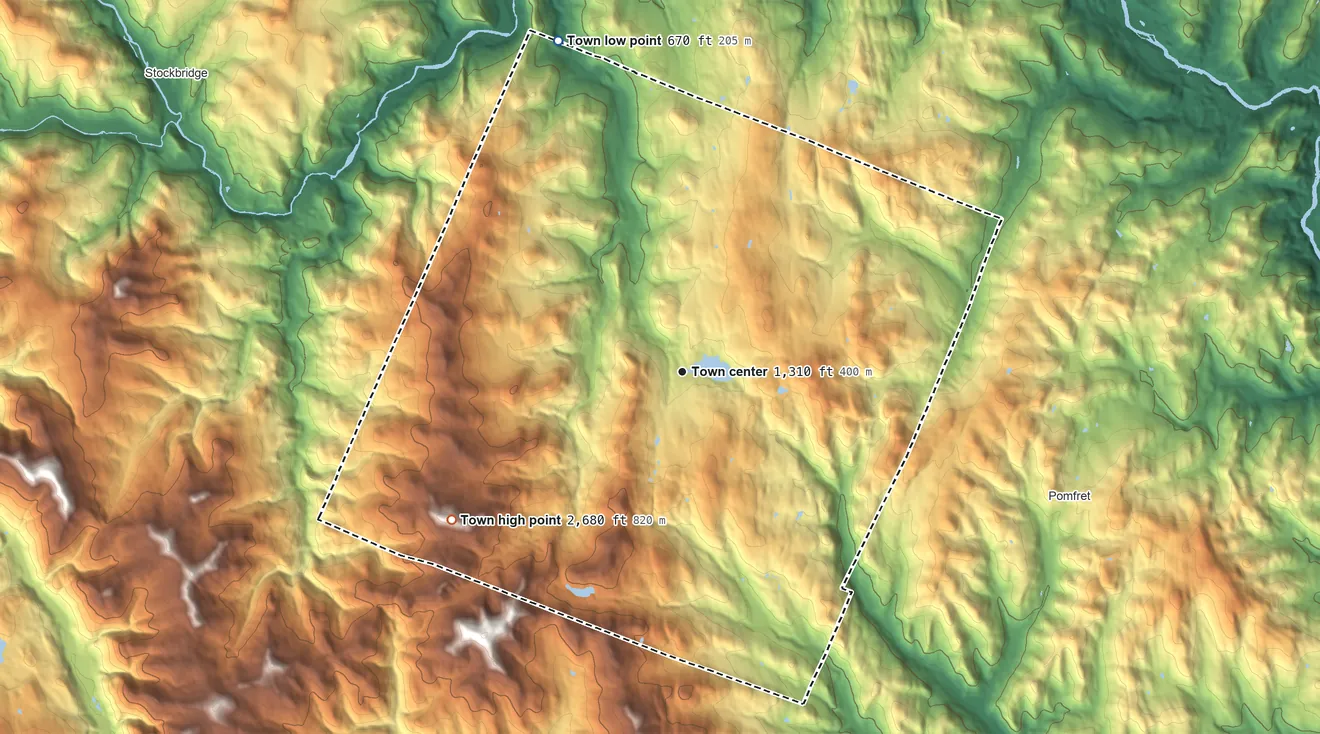 Topographic elevation map of Barnard, Vermont, shaded from 670 ft on the north side to 2,680 ft on Delectable Mountain