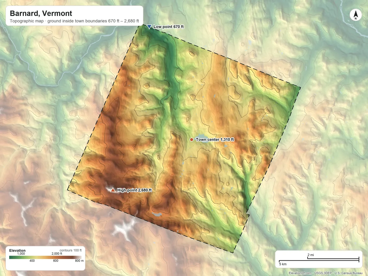 Topographic elevation map of Barnard, Vermont, shaded from 670 ft on the north side to 2,680 ft on Delectable Mountain