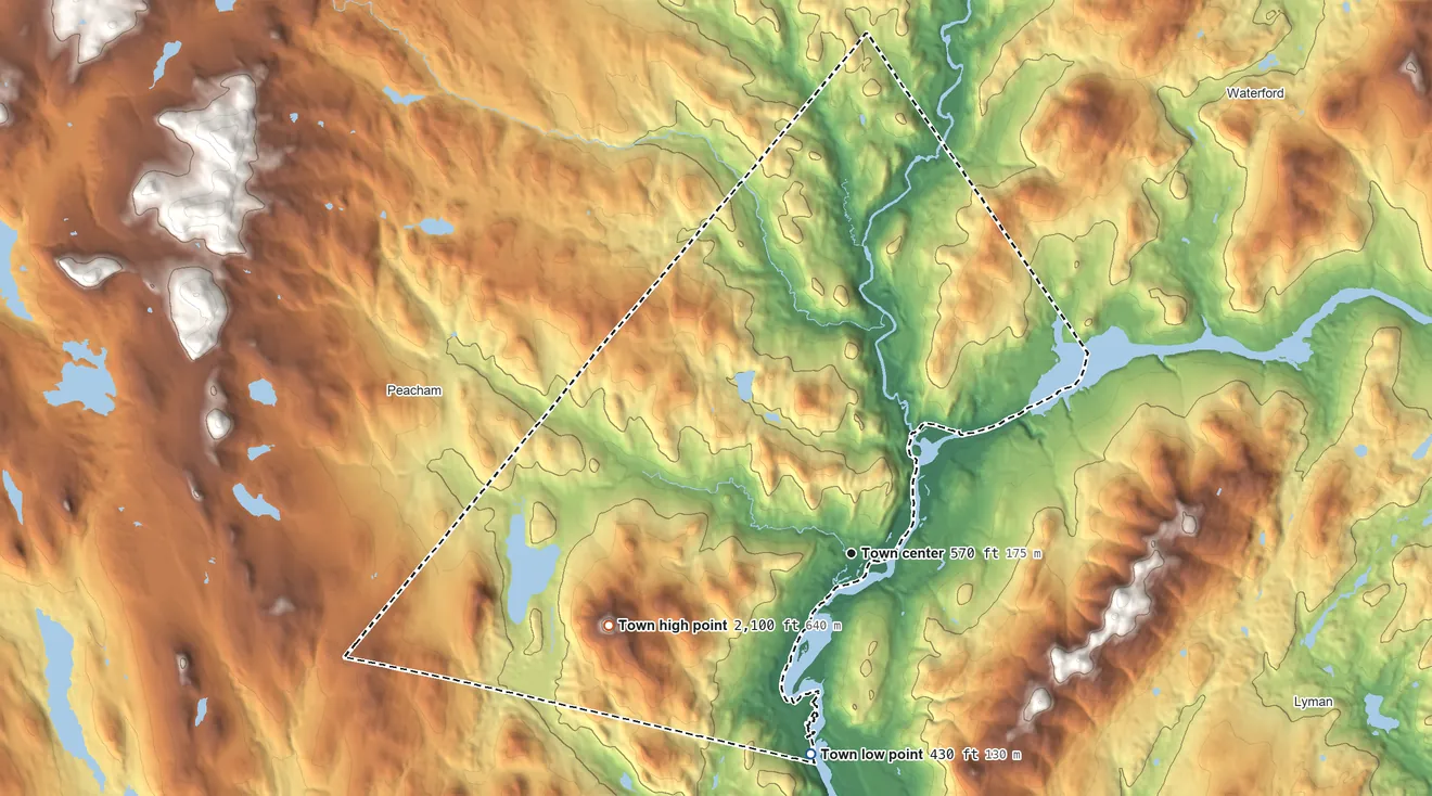 Topographic elevation map of Barnet, Vermont, shaded from 430 ft on the south side to 2,100 ft on Roy Mountain