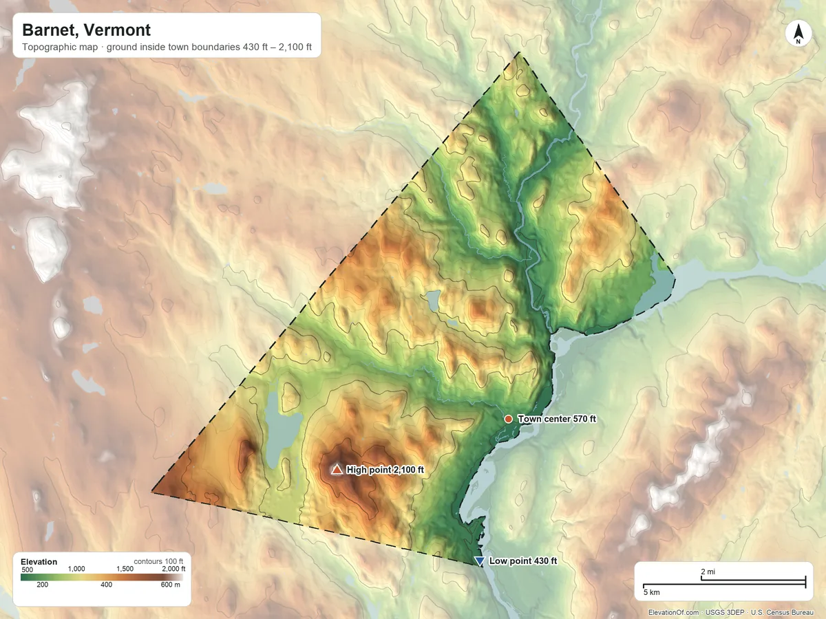 Topographic elevation map of Barnet, Vermont, shaded from 430 ft on the south side to 2,100 ft on Roy Mountain