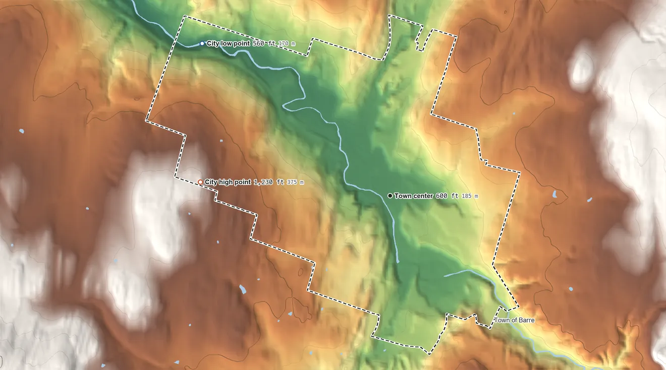 Topographic elevation map of Barre, Vermont, shaded from 560 ft on the northwest side to 1,230 ft on the west side