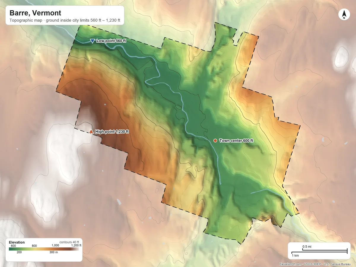 Topographic elevation map of Barre, Vermont, shaded from 560 ft on the northwest side to 1,230 ft on the west side