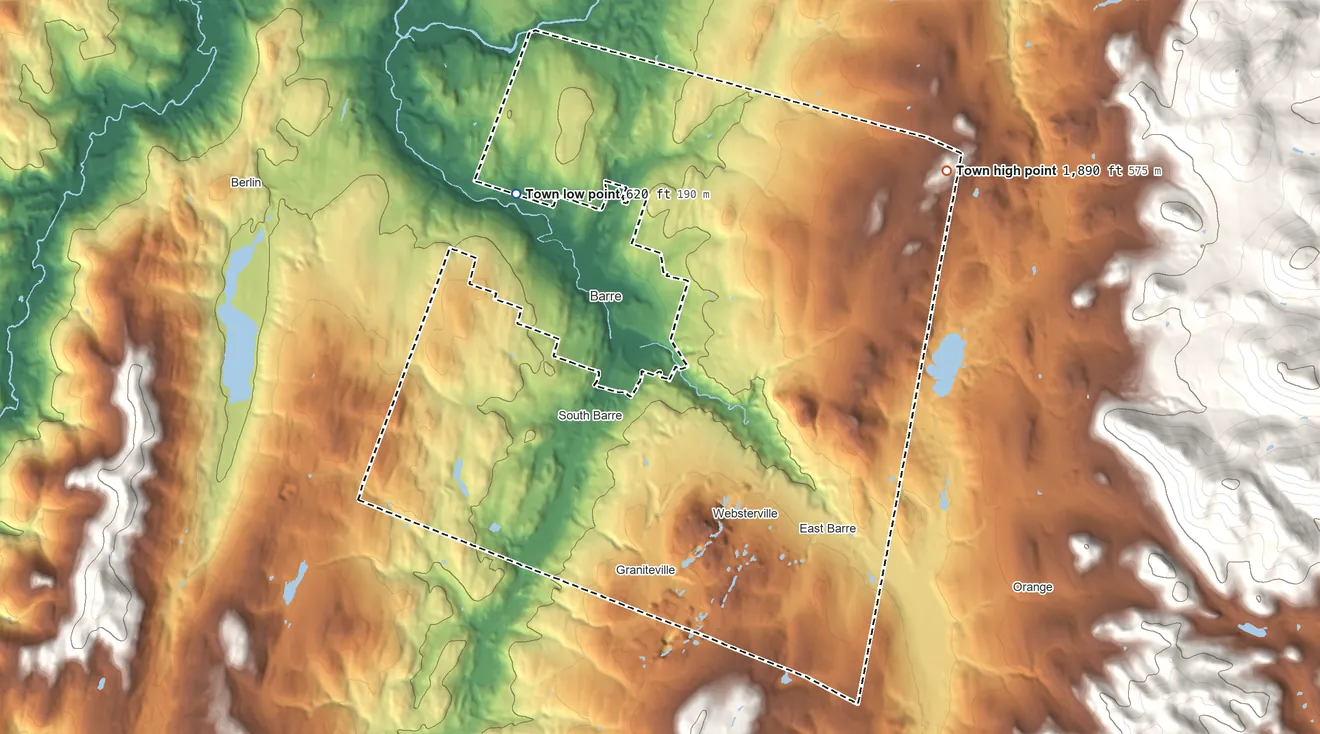 Topographic elevation map of Town of Barre, Vermont, shaded from 620 ft on the northwest side to 1,890 ft on the northeast side