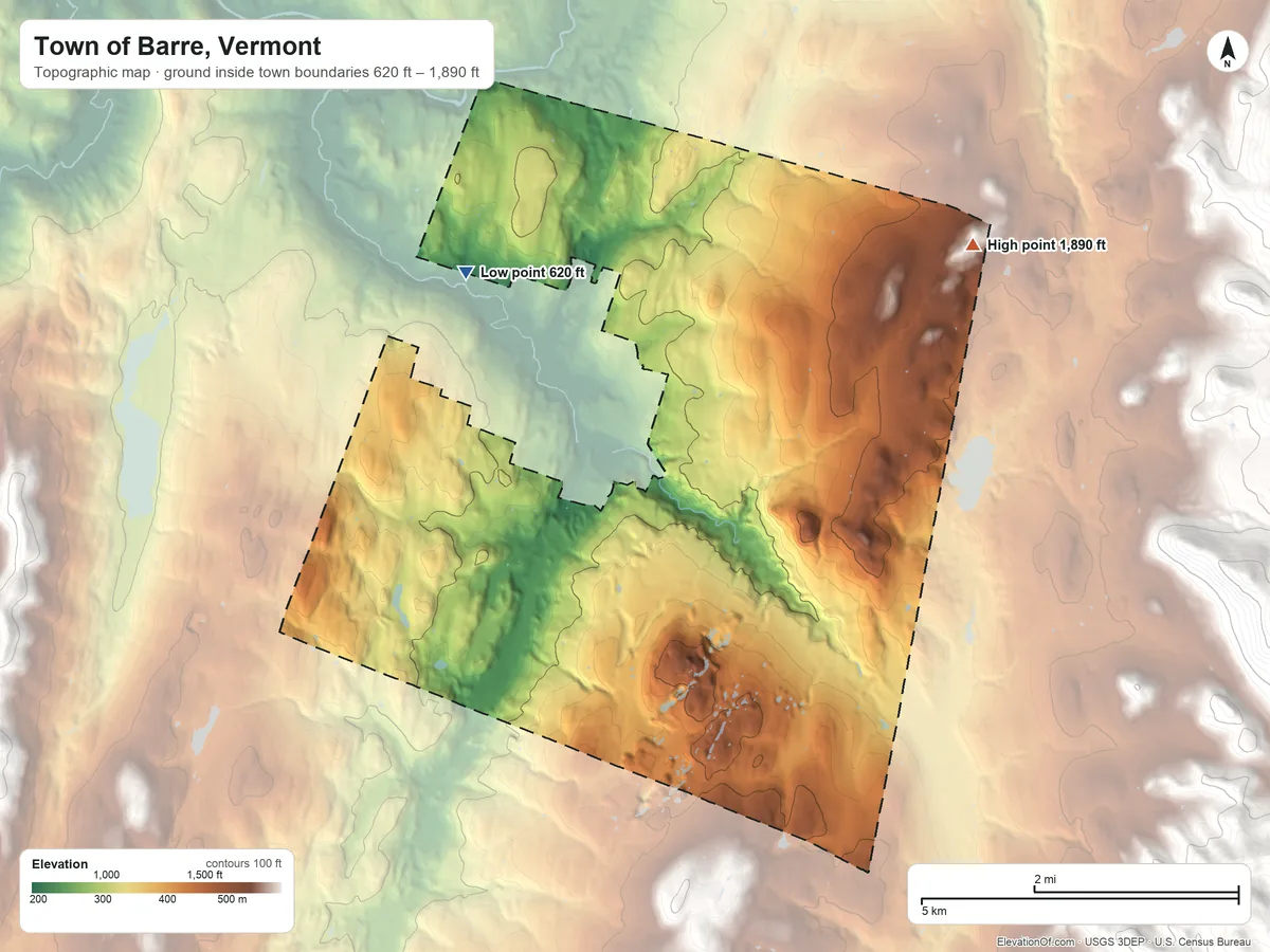Topographic elevation map of Town of Barre, Vermont, shaded from 620 ft on the northwest side to 1,890 ft on the northeast side
