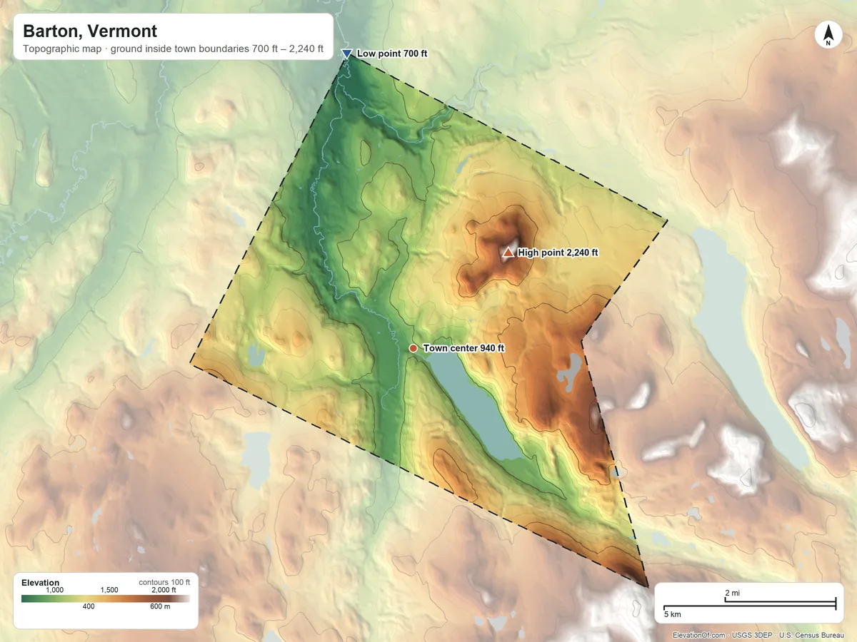 Topographic elevation map of Barton, Vermont, shaded from 700 ft on the north side to 2,240 ft on Barton Mountain
