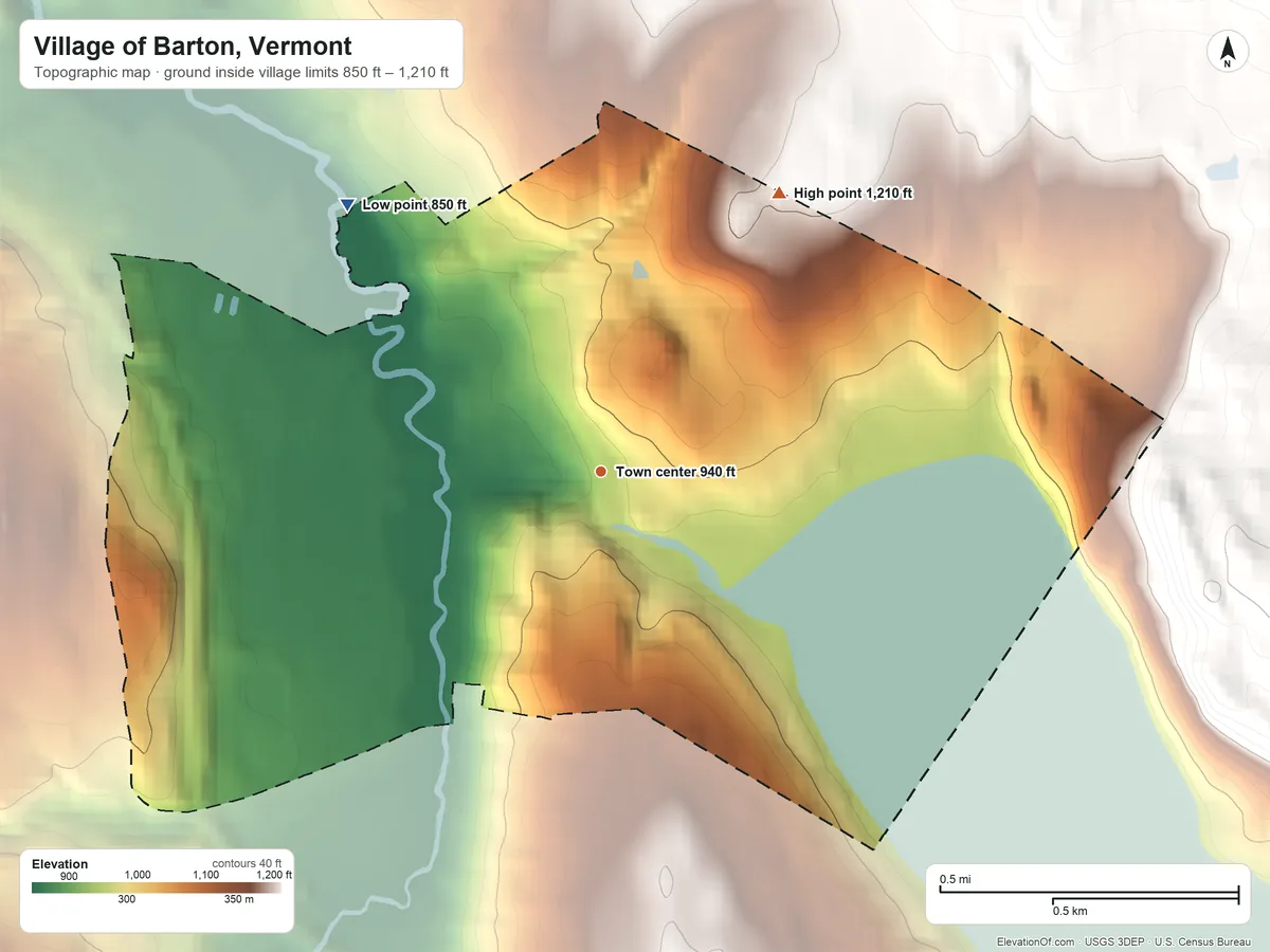 Topographic elevation map of Village of Barton, Vermont, shaded from 850 ft on the northwest side to 1,210 ft at the foot of the Lowell Mountains