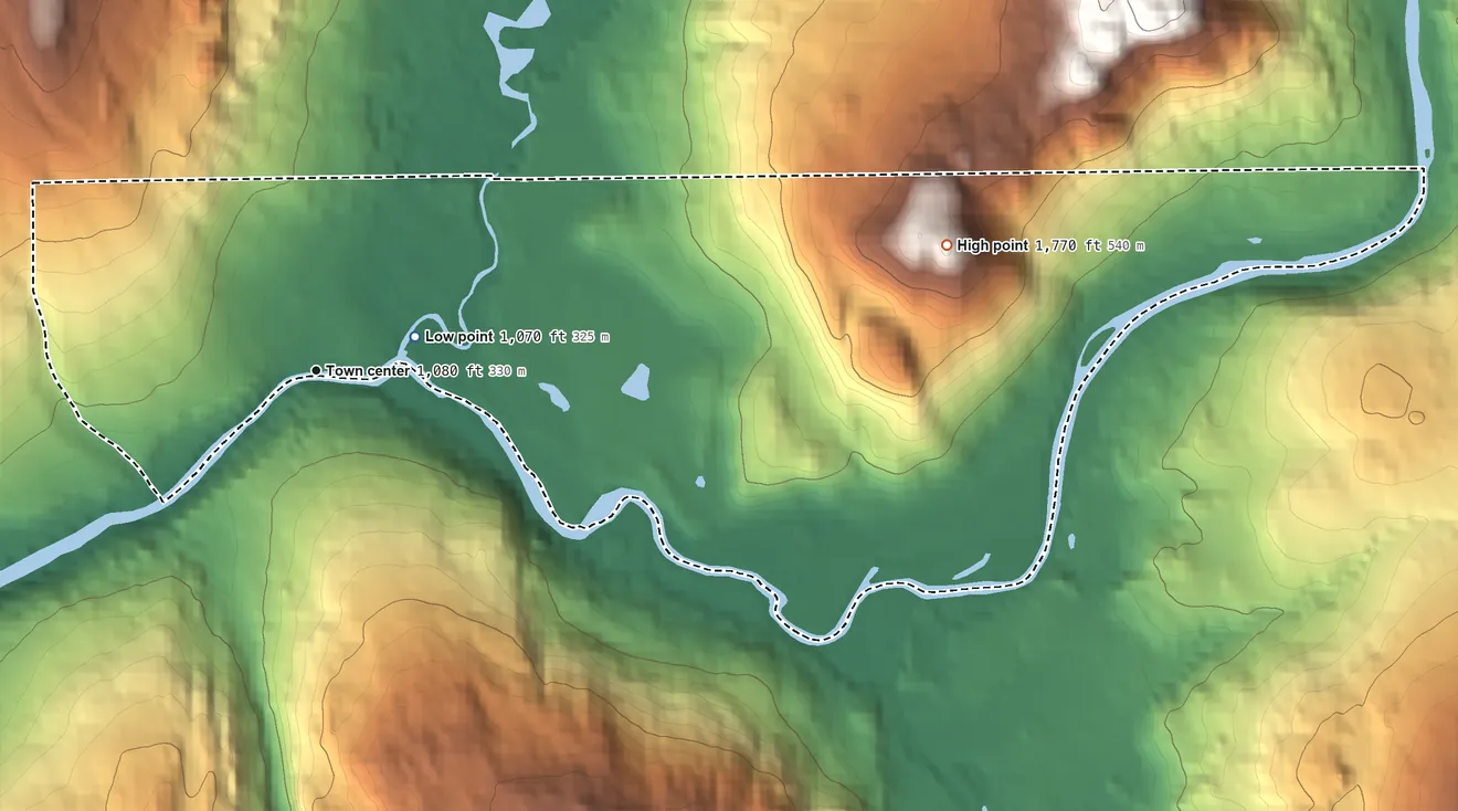 Topographic elevation map of Beecher Falls, Vermont, shaded from 1,070 ft near the middle to 1,770 ft on the east side