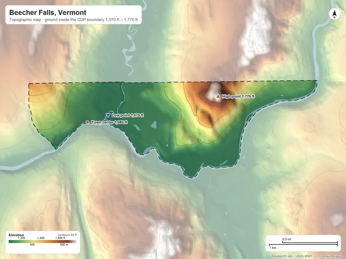 Topographic elevation map of Beecher Falls, Vermont, shaded from 1,070 ft near the middle to 1,770 ft on the east side