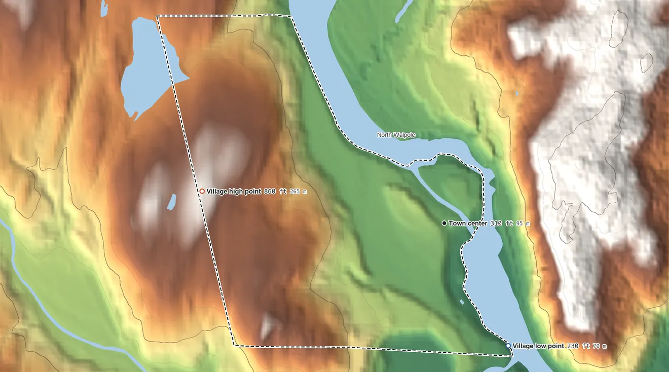 Topographic elevation map of Bellows Falls, Vermont, shaded from 230 ft on the southeast side to 860 ft on Oak Hill