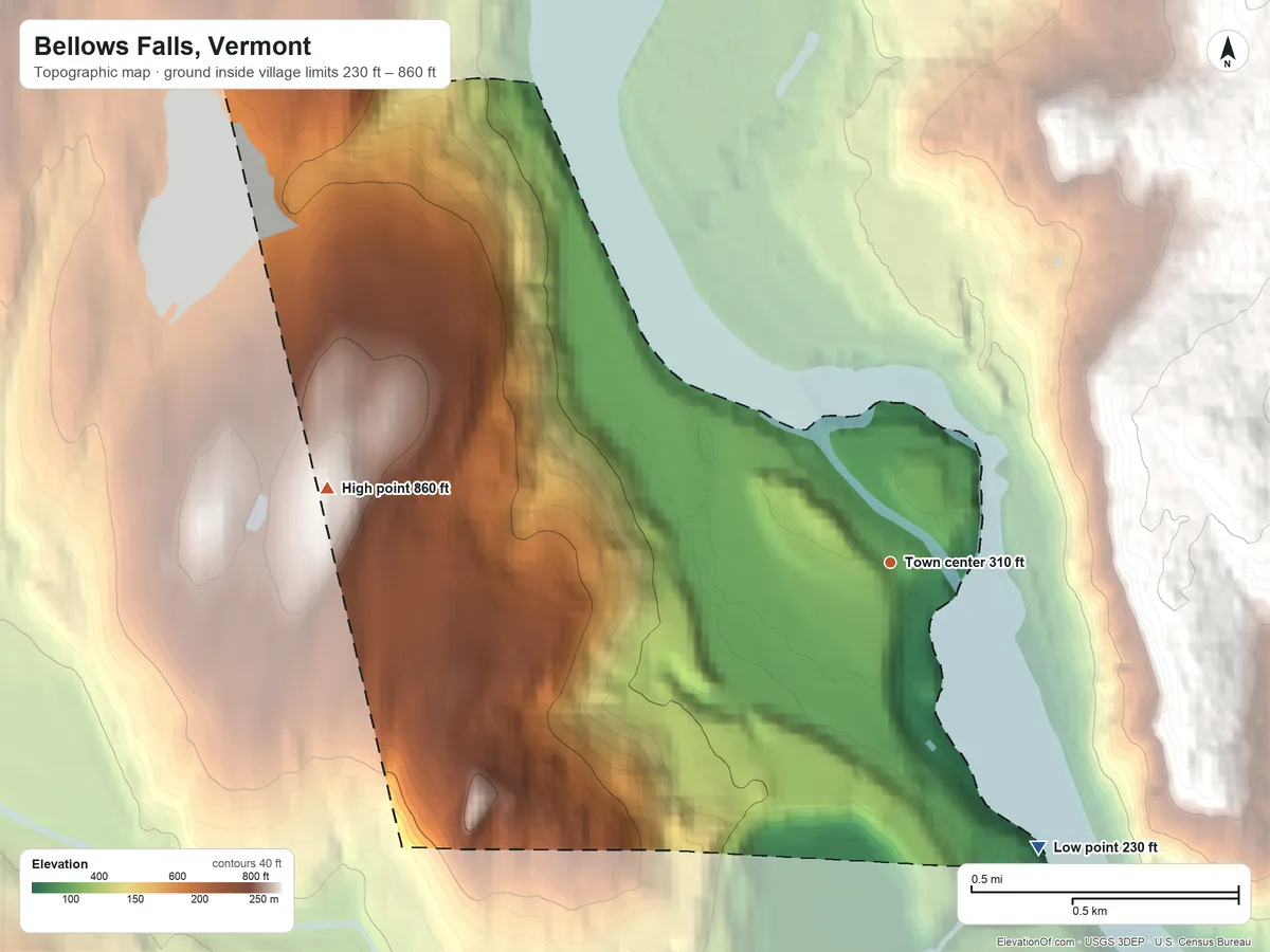 Topographic elevation map of Bellows Falls, Vermont, shaded from 230 ft on the southeast side to 860 ft on Oak Hill