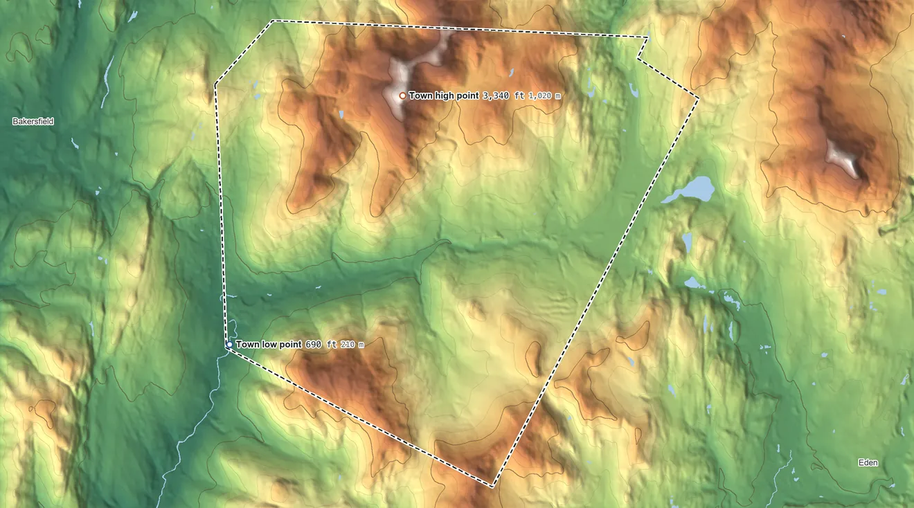 Topographic elevation map of Belvidere, Vermont, shaded from 690 ft on the southwest side to 3,340 ft on the north side