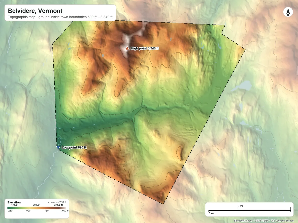 Topographic elevation map of Belvidere, Vermont, shaded from 690 ft on the southwest side to 3,340 ft on the north side