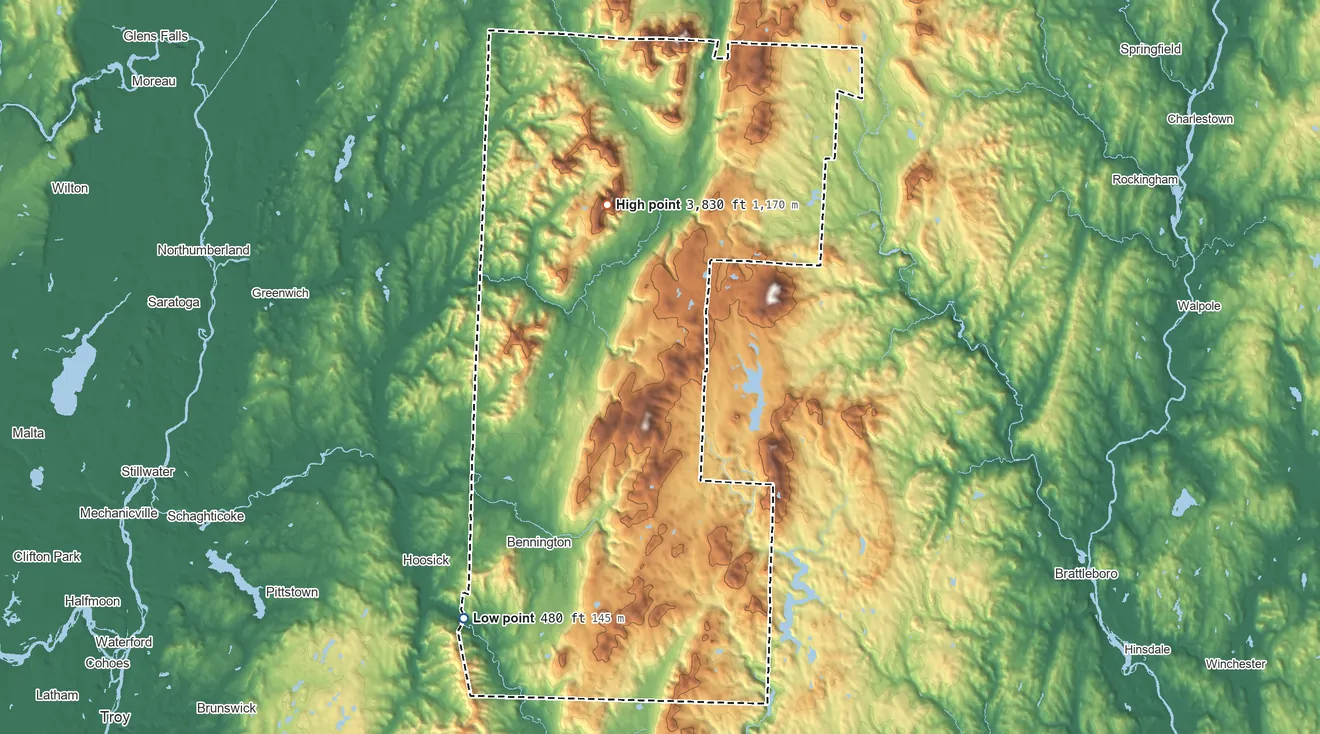 Topographic elevation map of Bennington County, Vermont, shaded from 480 ft on the southwest side to 3,830 ft on Equinox Mountain