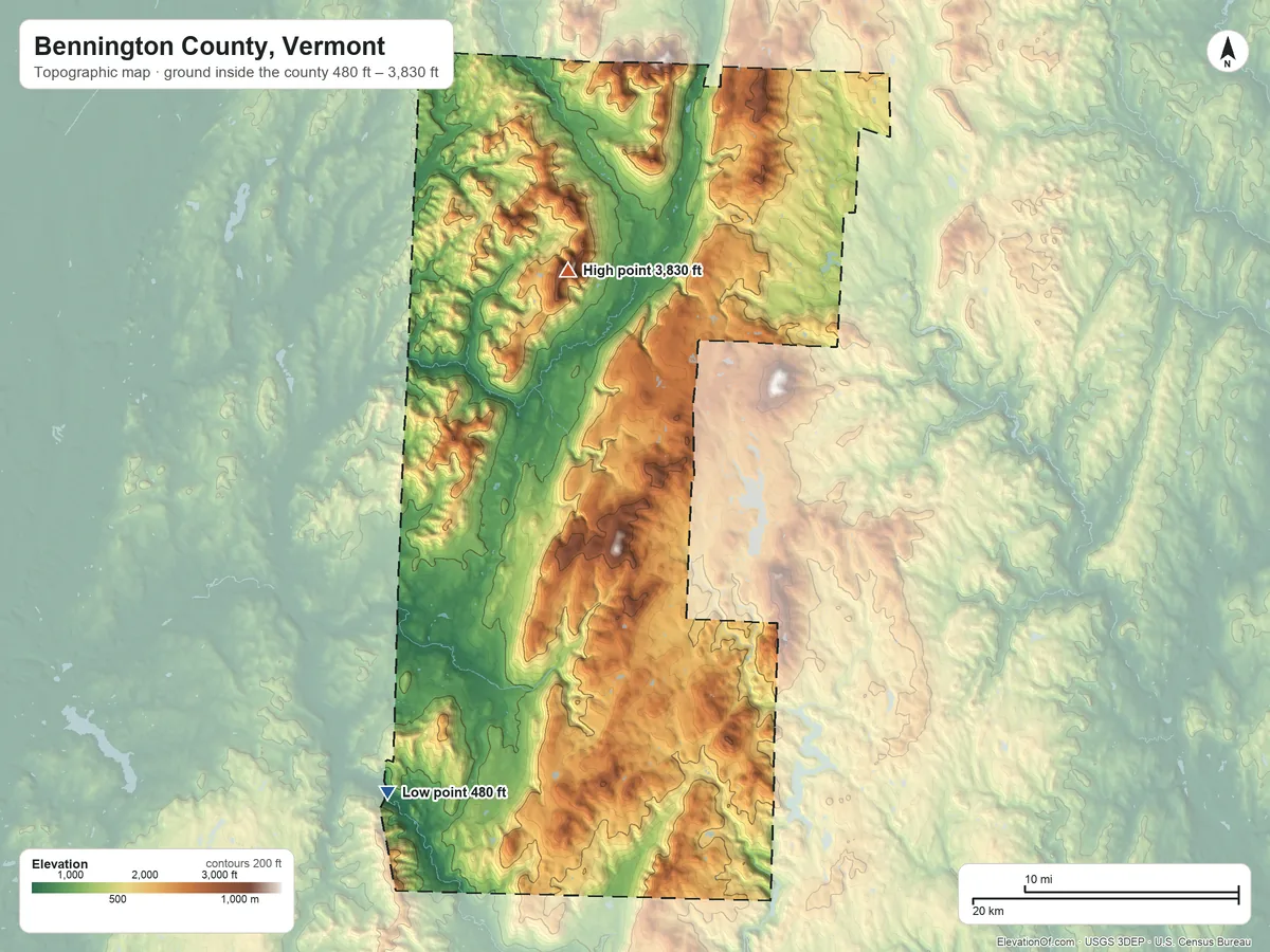 Topographic elevation map of Bennington County, Vermont, shaded from 480 ft on the southwest side to 3,830 ft on Equinox Mountain