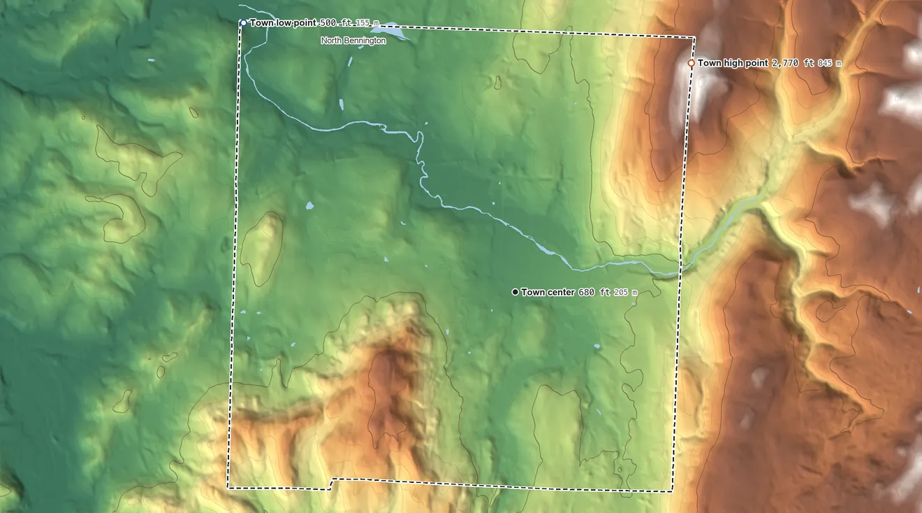 Topographic elevation map of Bennington, Vermont, shaded from 500 ft on the northwest side to 2,770 ft on the northeast side
