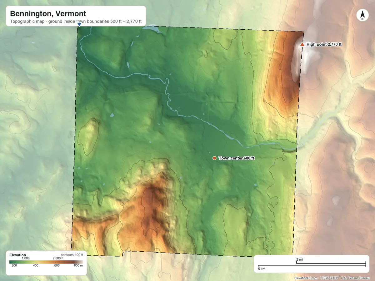 Topographic elevation map of Bennington, Vermont, shaded from 500 ft on the northwest side to 2,770 ft on the northeast side