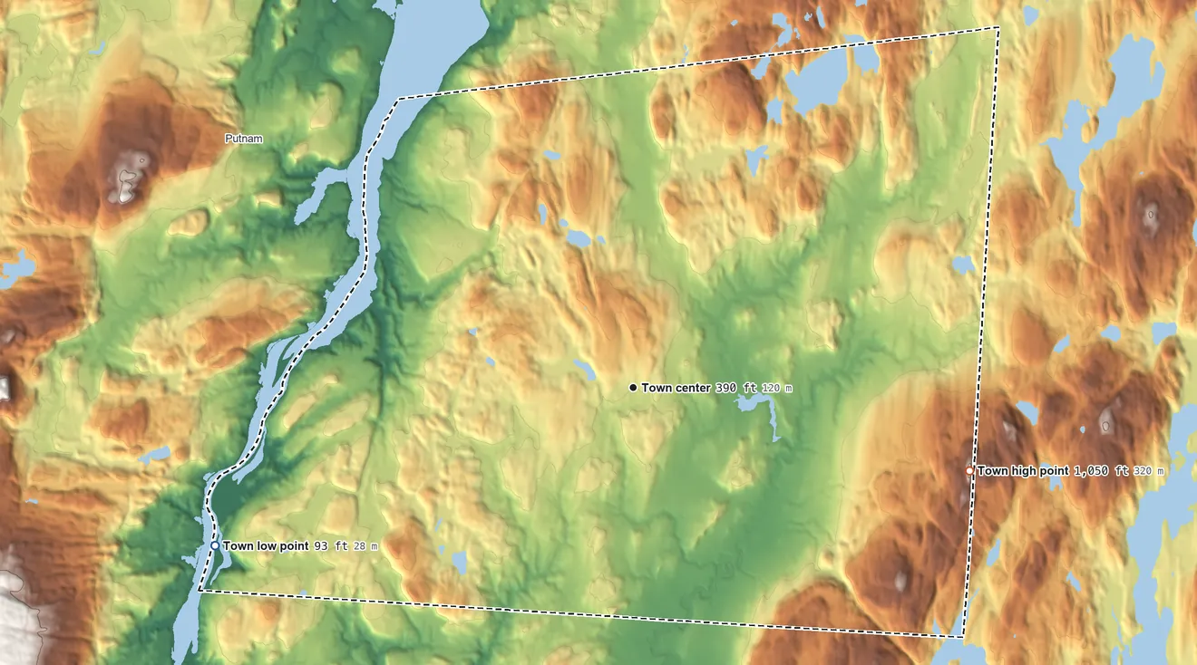Topographic elevation map of Benson, Vermont, shaded from 93 ft on the west side to 1,050 ft on the east side