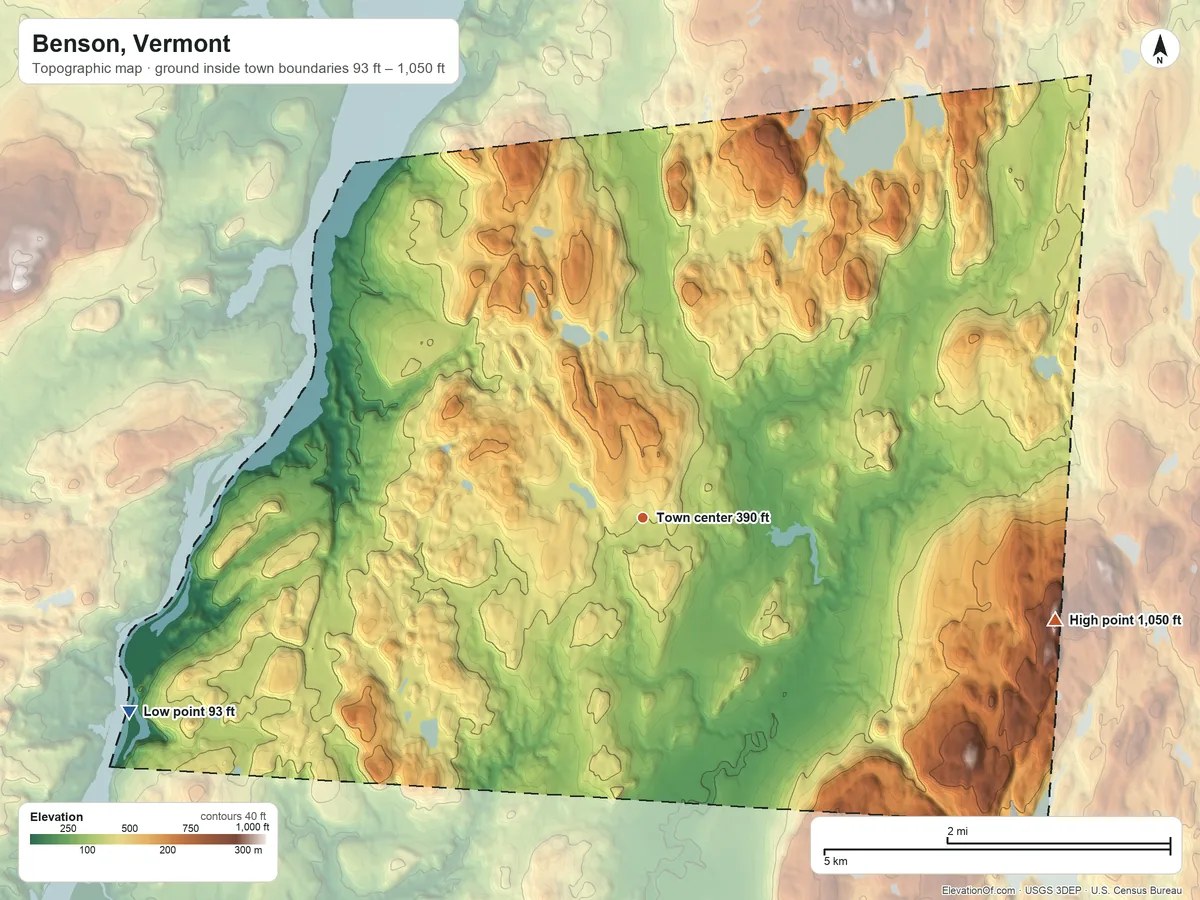 Topographic elevation map of Benson, Vermont, shaded from 93 ft on the west side to 1,050 ft on the east side
