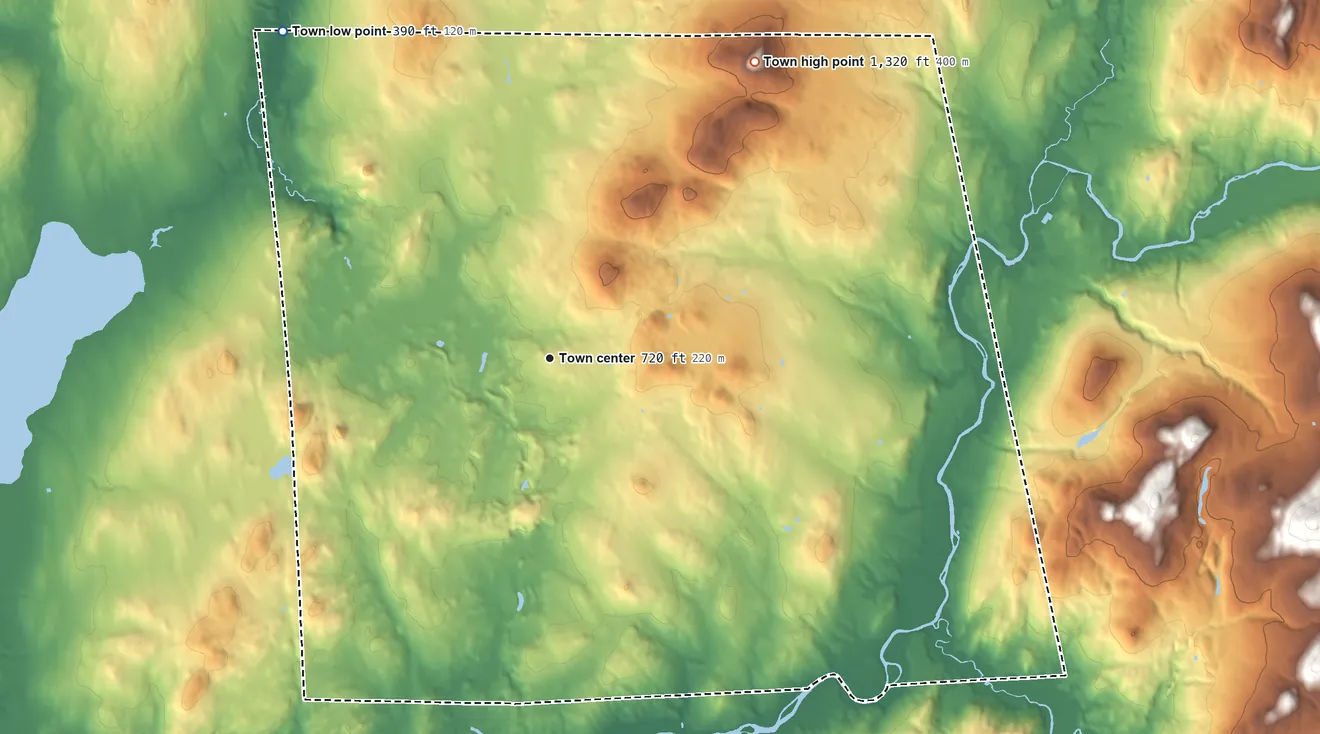 Topographic elevation map of Berkshire, Vermont, shaded from 390 ft on the northwest side to 1,320 ft on Ayers Hill