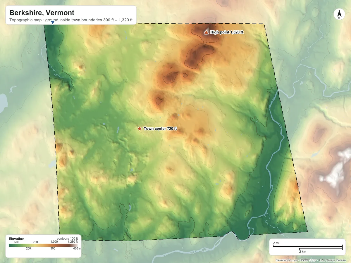 Topographic elevation map of Berkshire, Vermont, shaded from 390 ft on the northwest side to 1,320 ft on Ayers Hill