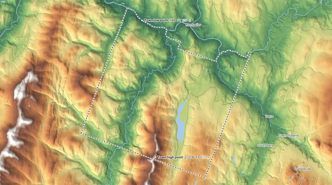 Topographic elevation map of Berlin, Vermont, shaded from 500 ft on the northwest side to 2,210 ft on the south side
