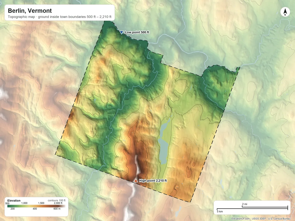 Topographic elevation map of Berlin, Vermont, shaded from 500 ft on the northwest side to 2,210 ft on the south side