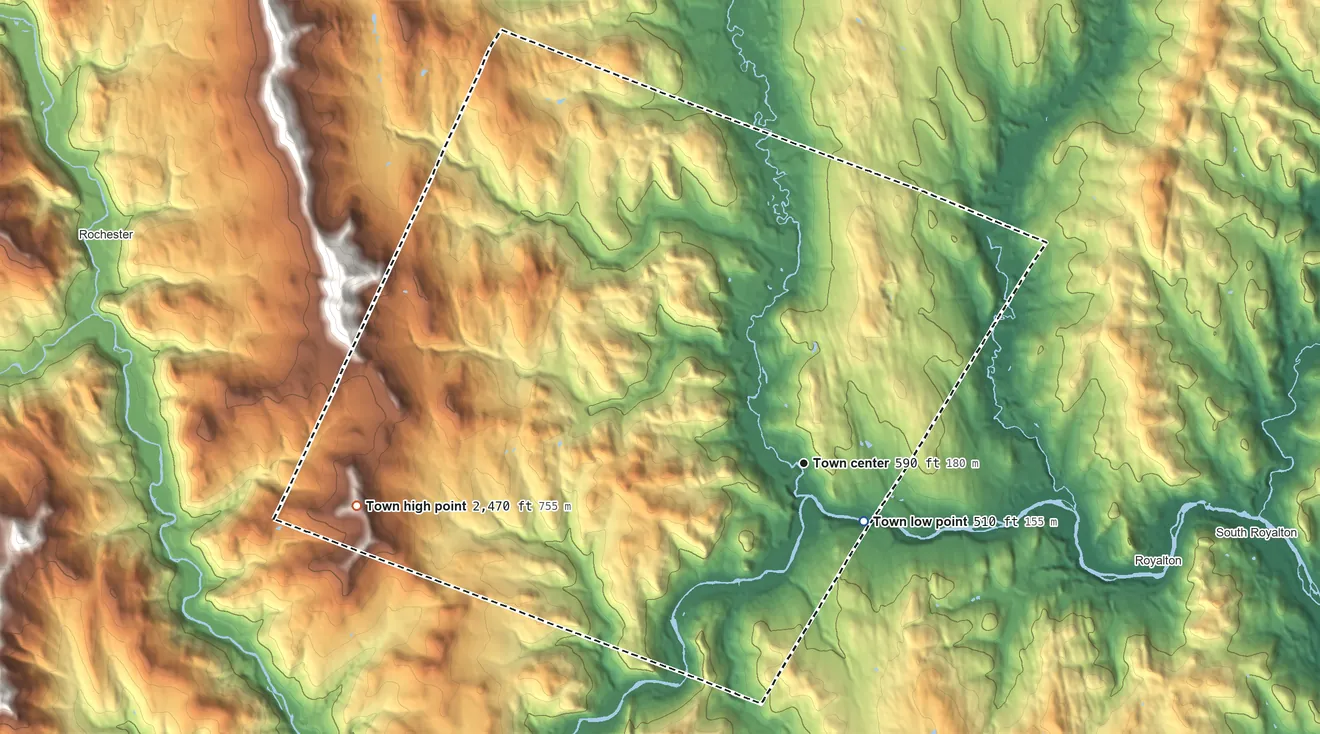 Topographic elevation map of Bethel, Vermont, shaded from 510 ft near the middle to 2,470 ft on Mount Lympus