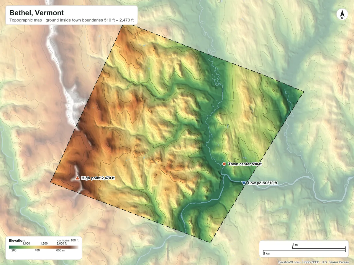 Topographic elevation map of Bethel, Vermont, shaded from 510 ft near the middle to 2,470 ft on Mount Lympus