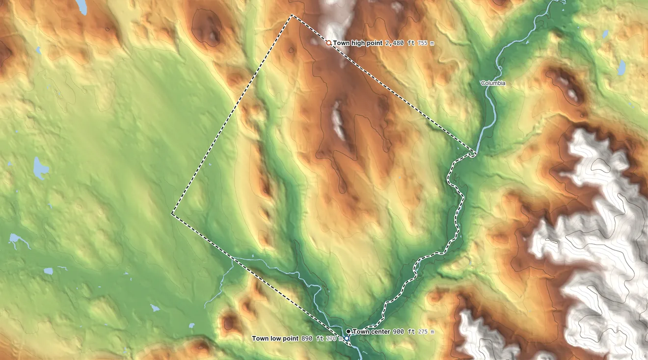 Topographic elevation map of Bloomfield, Vermont, shaded from 890 ft near the middle to 2,480 ft on the north side