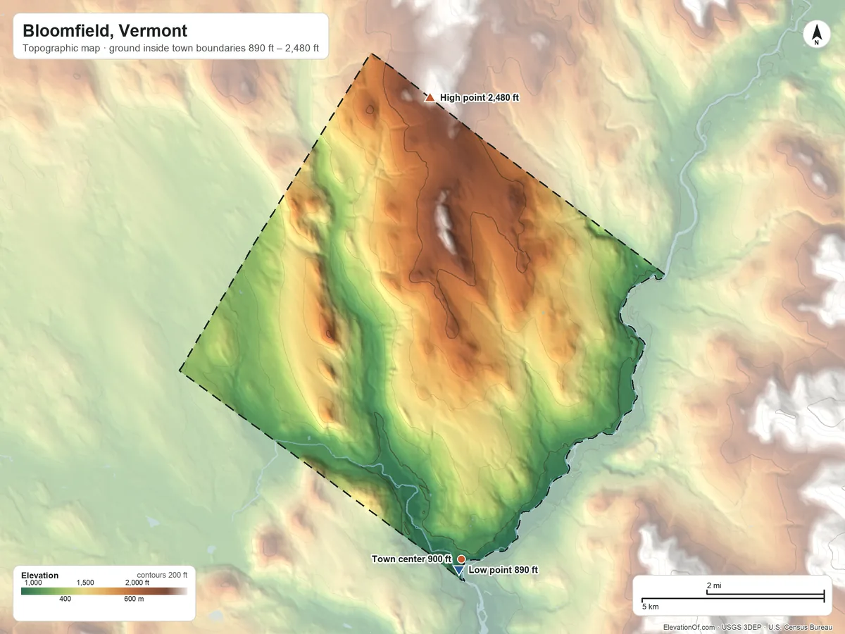Topographic elevation map of Bloomfield, Vermont, shaded from 890 ft near the middle to 2,480 ft on the north side