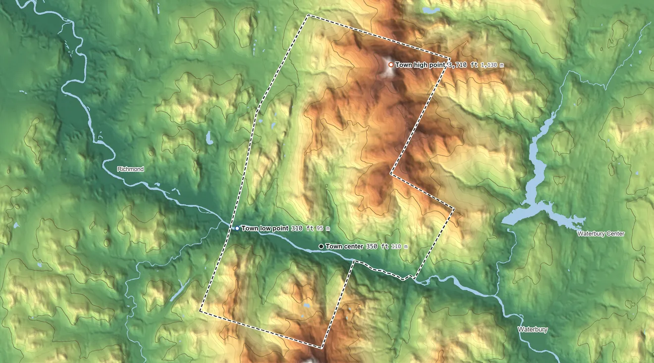 Topographic elevation map of Bolton, Vermont, shaded from 310 ft on the west side to 3,710 ft on Bolton Mountain