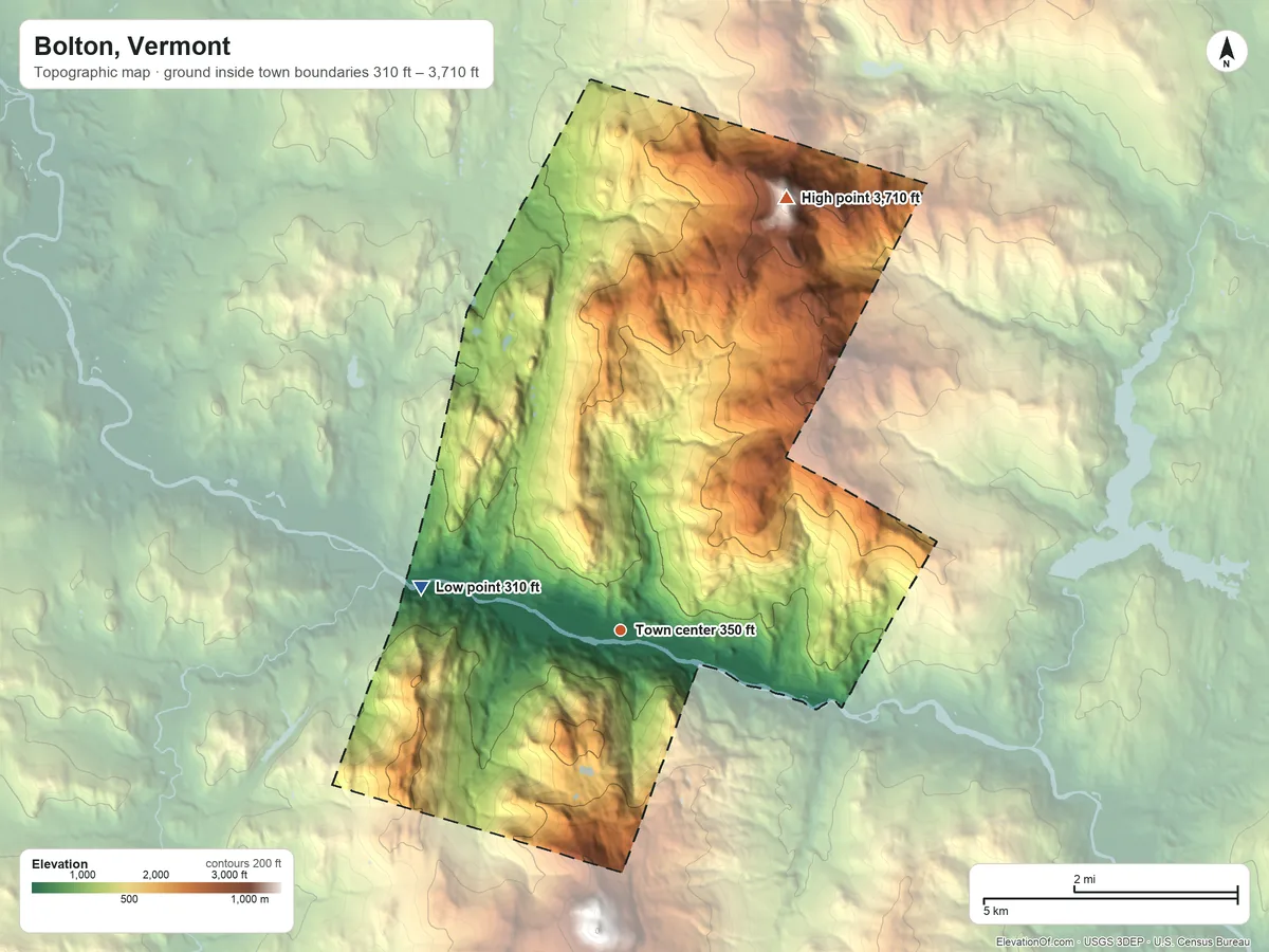 Topographic elevation map of Bolton, Vermont, shaded from 310 ft on the west side to 3,710 ft on Bolton Mountain