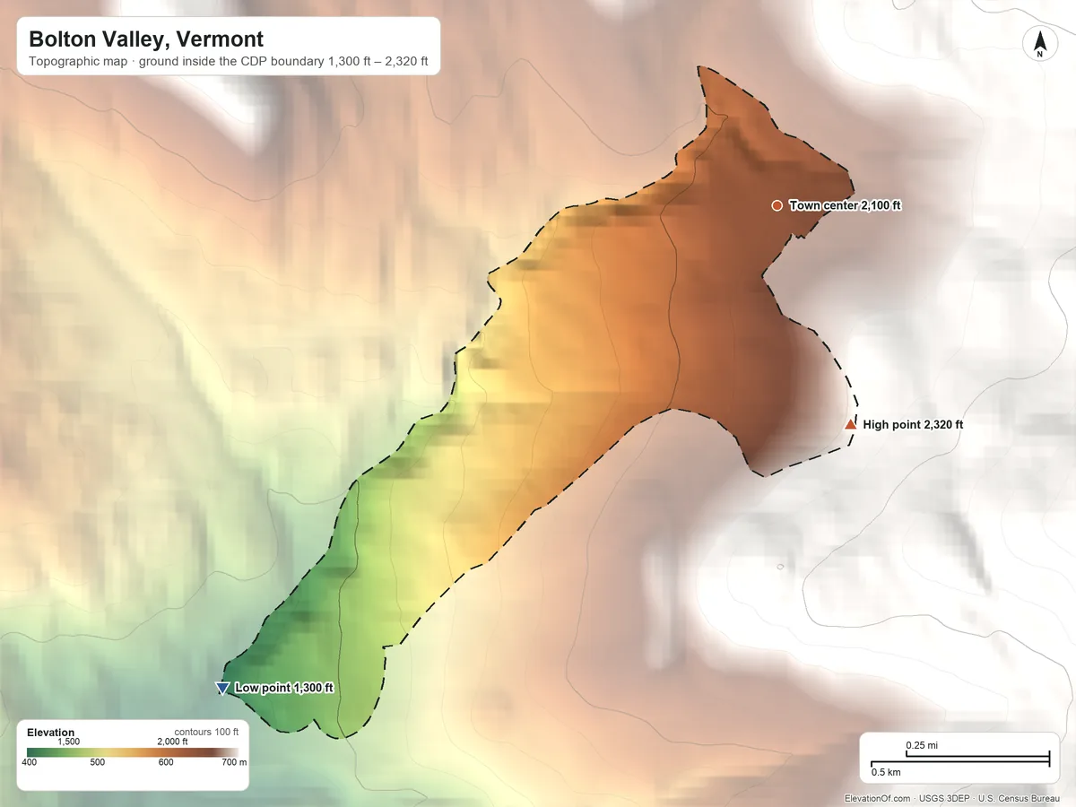 Topographic elevation map of Bolton Valley, Vermont, shaded from 1,300 ft on the southwest side to 2,320 ft at the foot of the Worcester Mountains