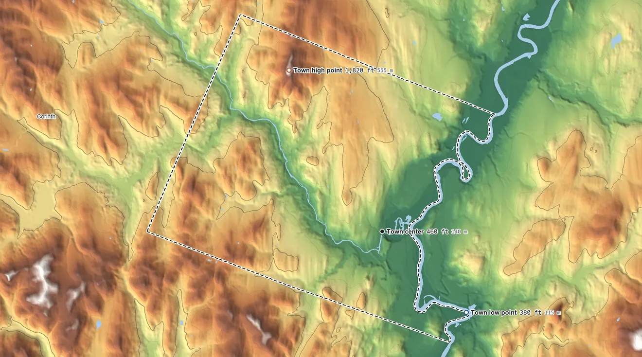 Topographic elevation map of Bradford, Vermont, shaded from 380 ft on the southeast side to 1,820 ft on Wrights Mountain