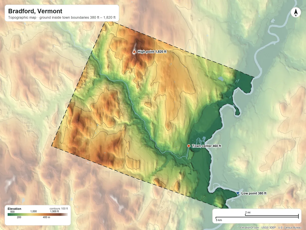 Topographic elevation map of Bradford, Vermont, shaded from 380 ft on the southeast side to 1,820 ft on Wrights Mountain