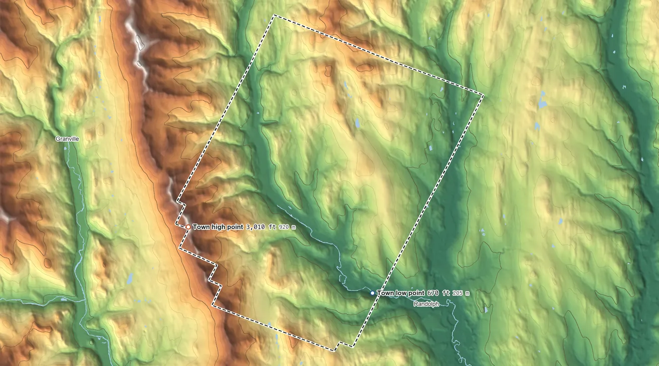 Topographic elevation map of Braintree, Vermont, shaded from 670 ft on the south side to 3,010 ft on Braintree Mountain