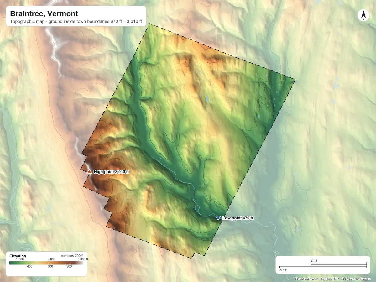 Topographic elevation map of Braintree, Vermont, shaded from 670 ft on the south side to 3,010 ft on Braintree Mountain