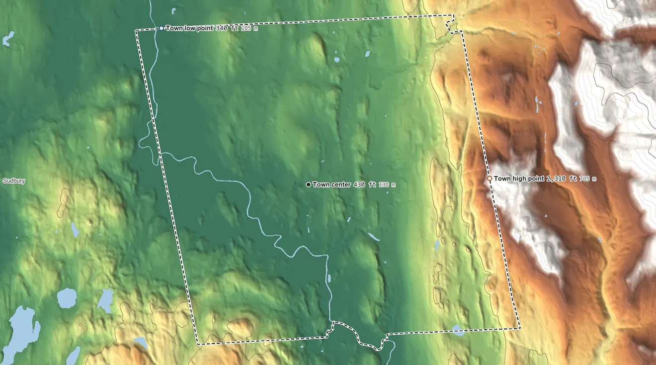 Topographic elevation map of Brandon, Vermont, shaded from 340 ft on the northwest side to 2,310 ft on the east edge, below higher ground just outside
