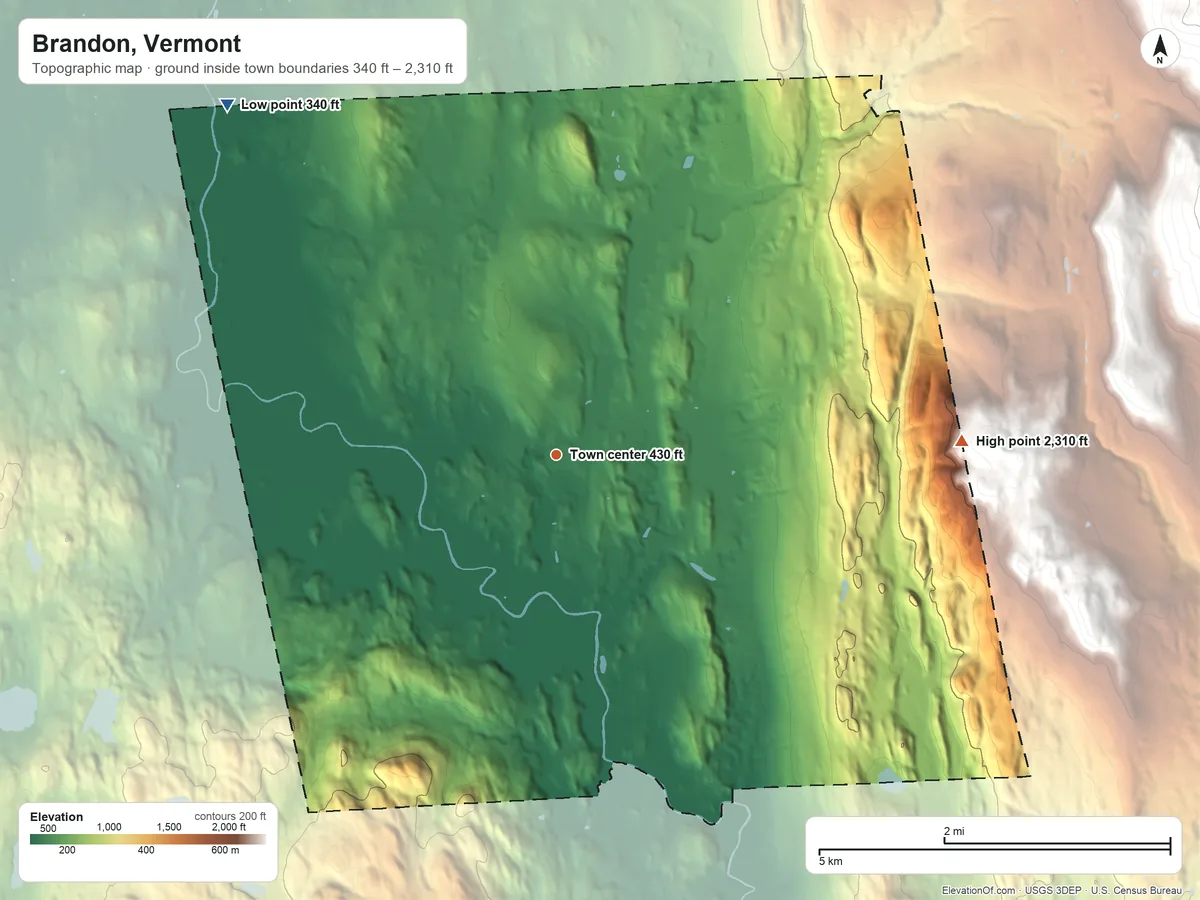 Topographic elevation map of Brandon, Vermont, shaded from 340 ft on the northwest side to 2,310 ft on the east edge, below higher ground just outside