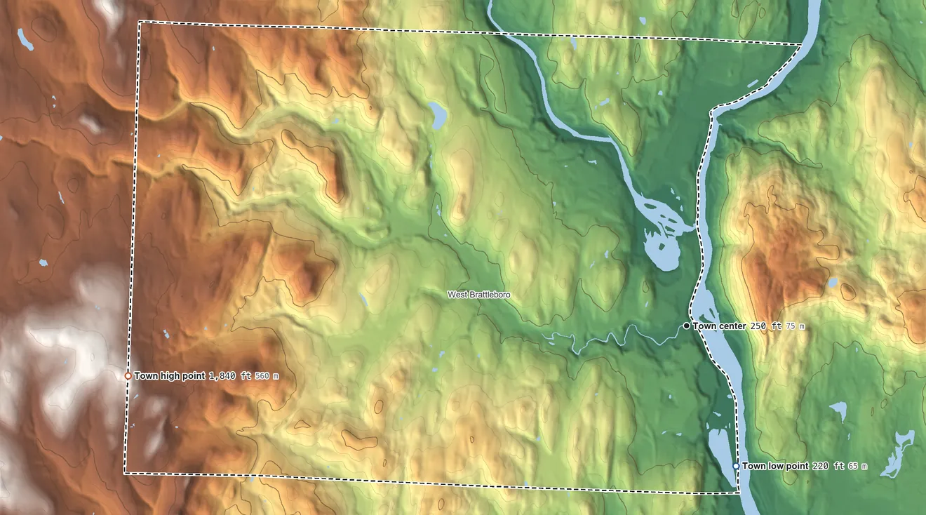 Topographic elevation map of Brattleboro, Vermont, shaded from 220 ft on the south side to 1,840 ft on the west side