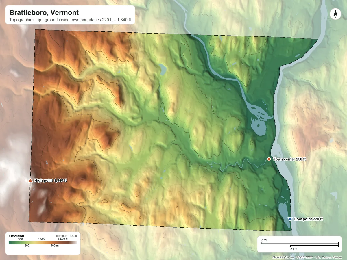 Topographic elevation map of Brattleboro, Vermont, shaded from 220 ft on the south side to 1,840 ft on the west side