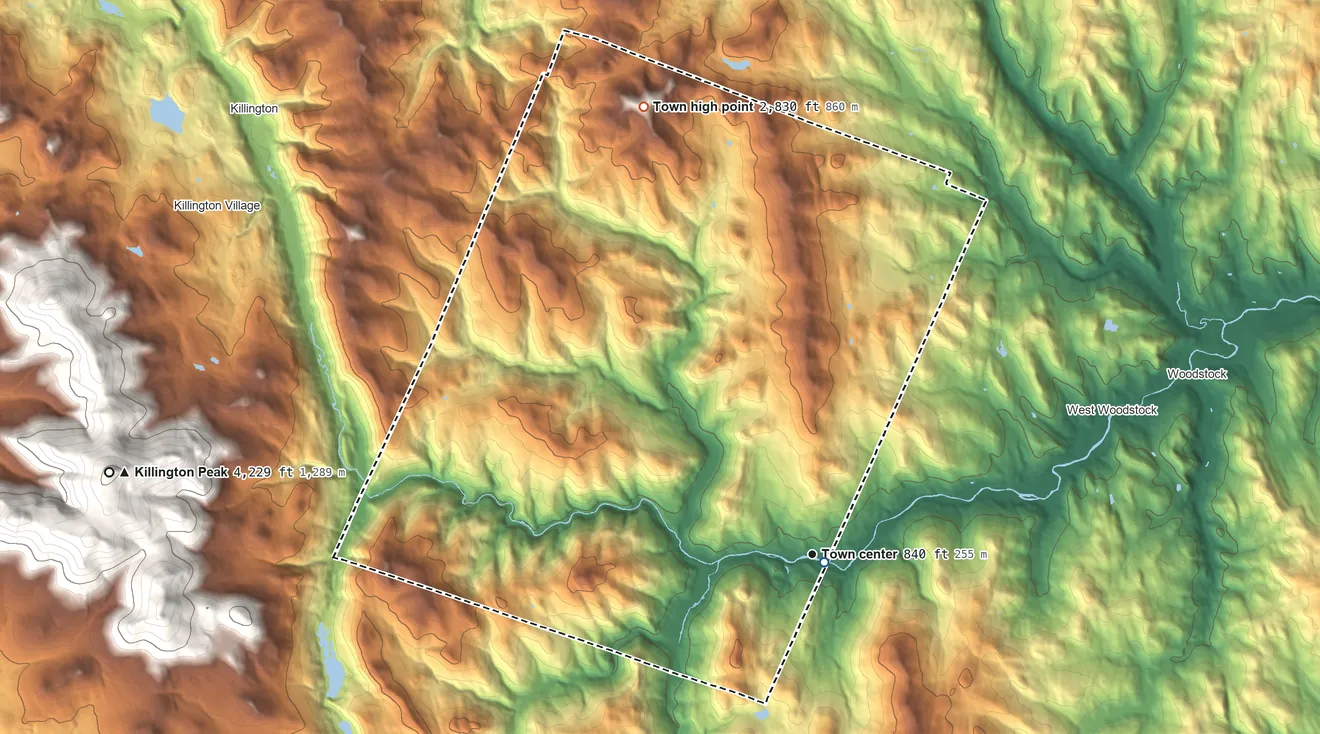 Topographic elevation map of Bridgewater, Vermont, shaded from 800 ft near the middle to 2,830 ft on Bull Hill