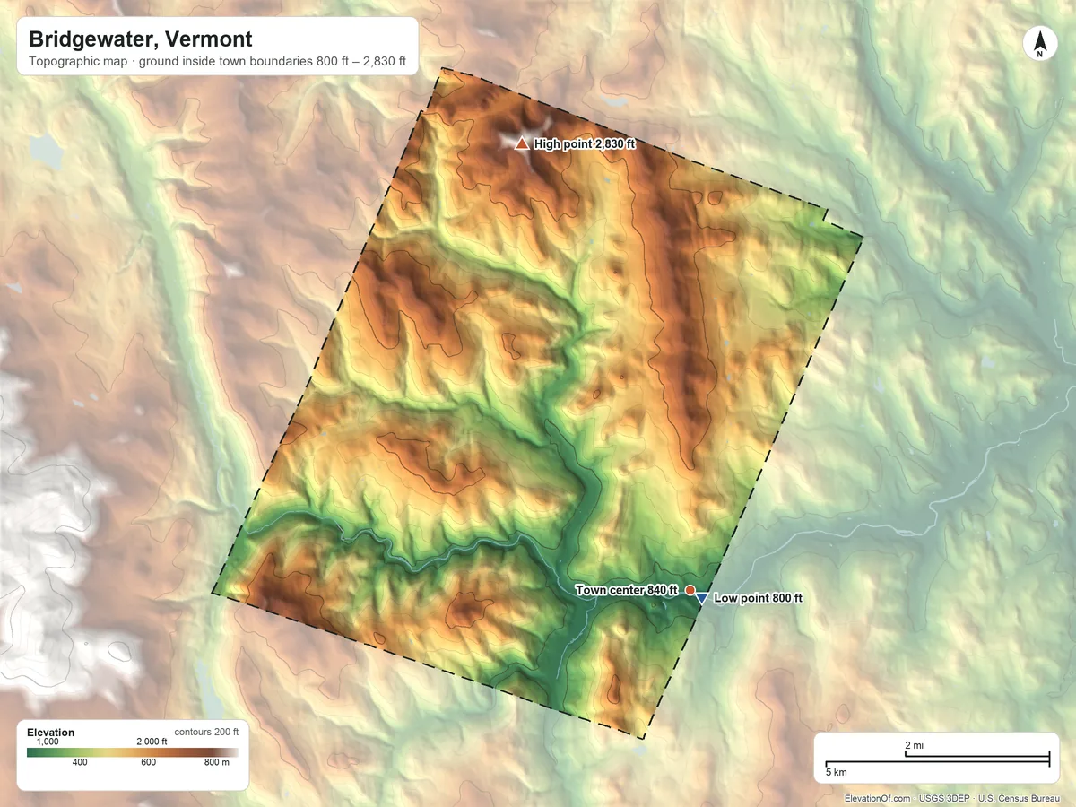 Topographic elevation map of Bridgewater, Vermont, shaded from 800 ft near the middle to 2,830 ft on Bull Hill